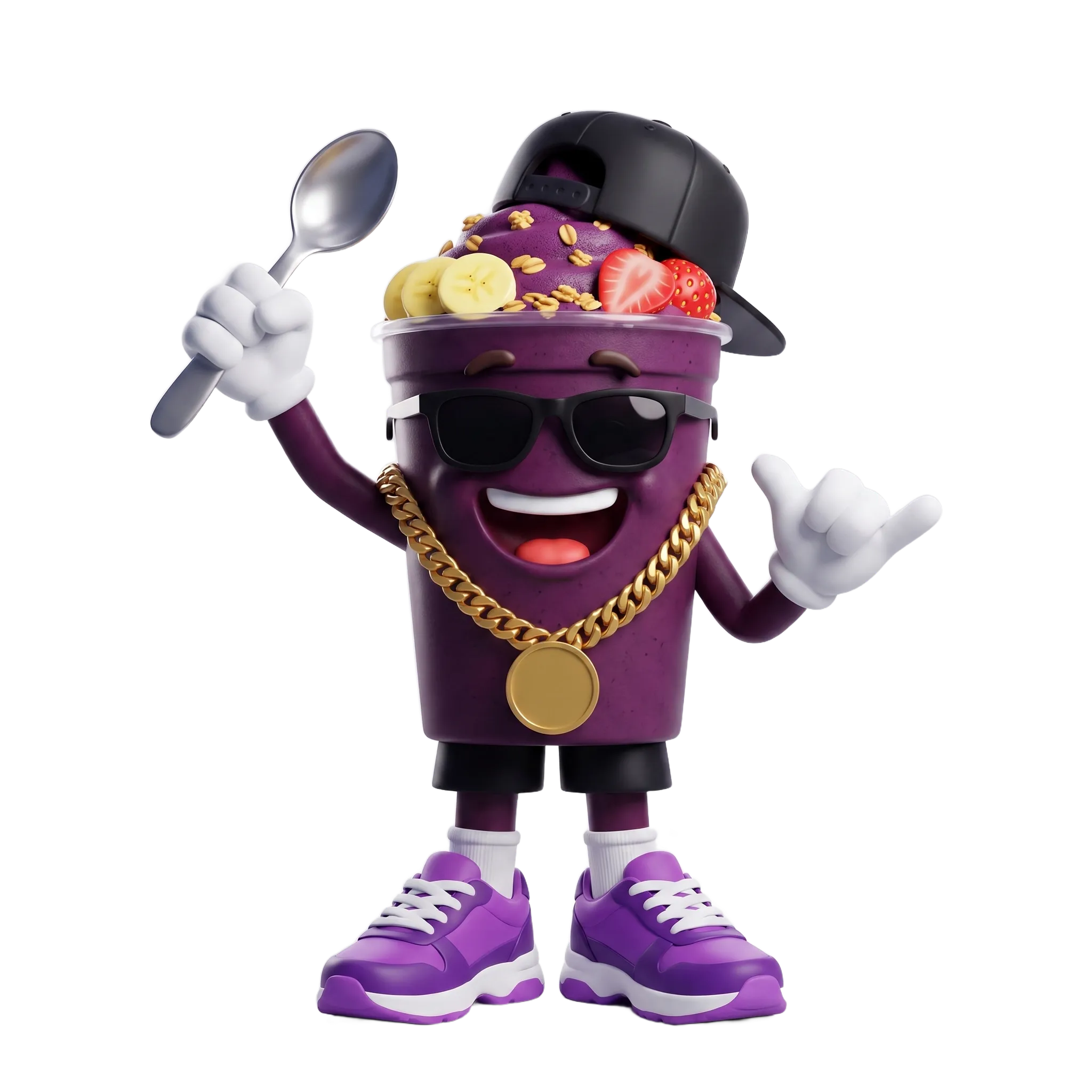 Mascote 3D de copo de açaí com boné, óculos escuros e colher na mão