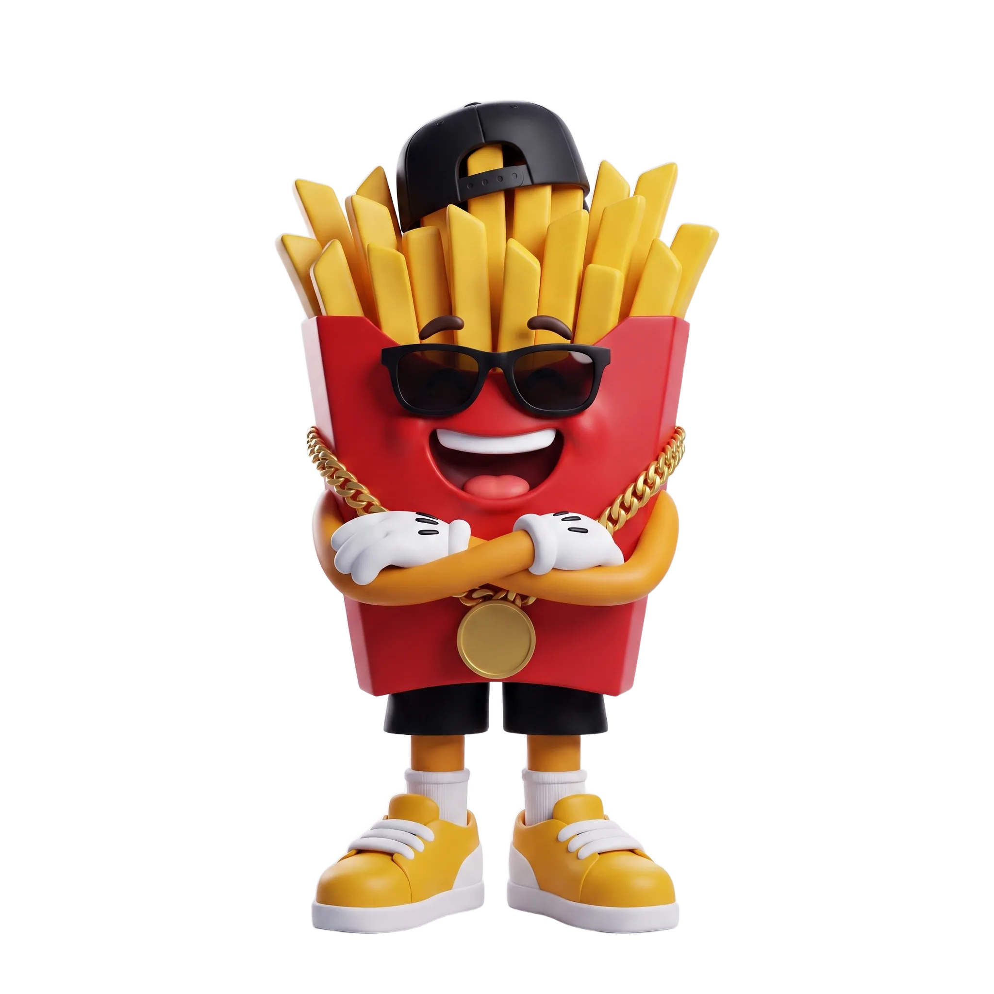 Mascote 3D de porção de batata frita com boné, óculos escuros e braços cruzados