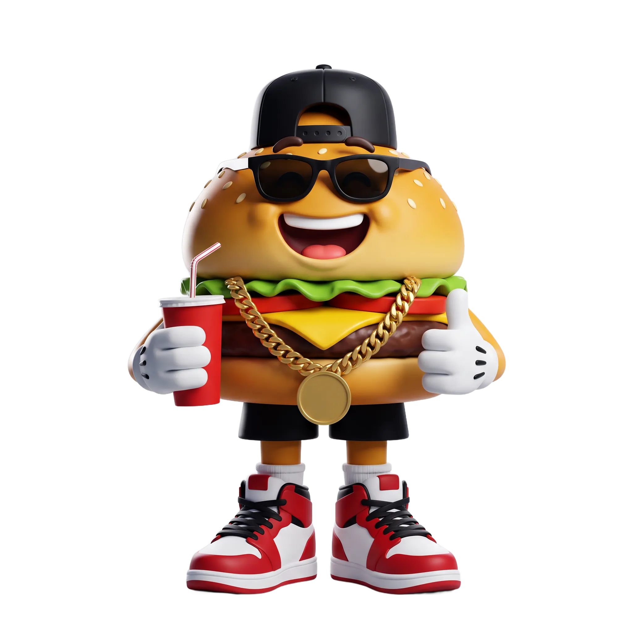 Mascote 3D de hambúrguer com boné, óculos escuros, corrente e copo na mão