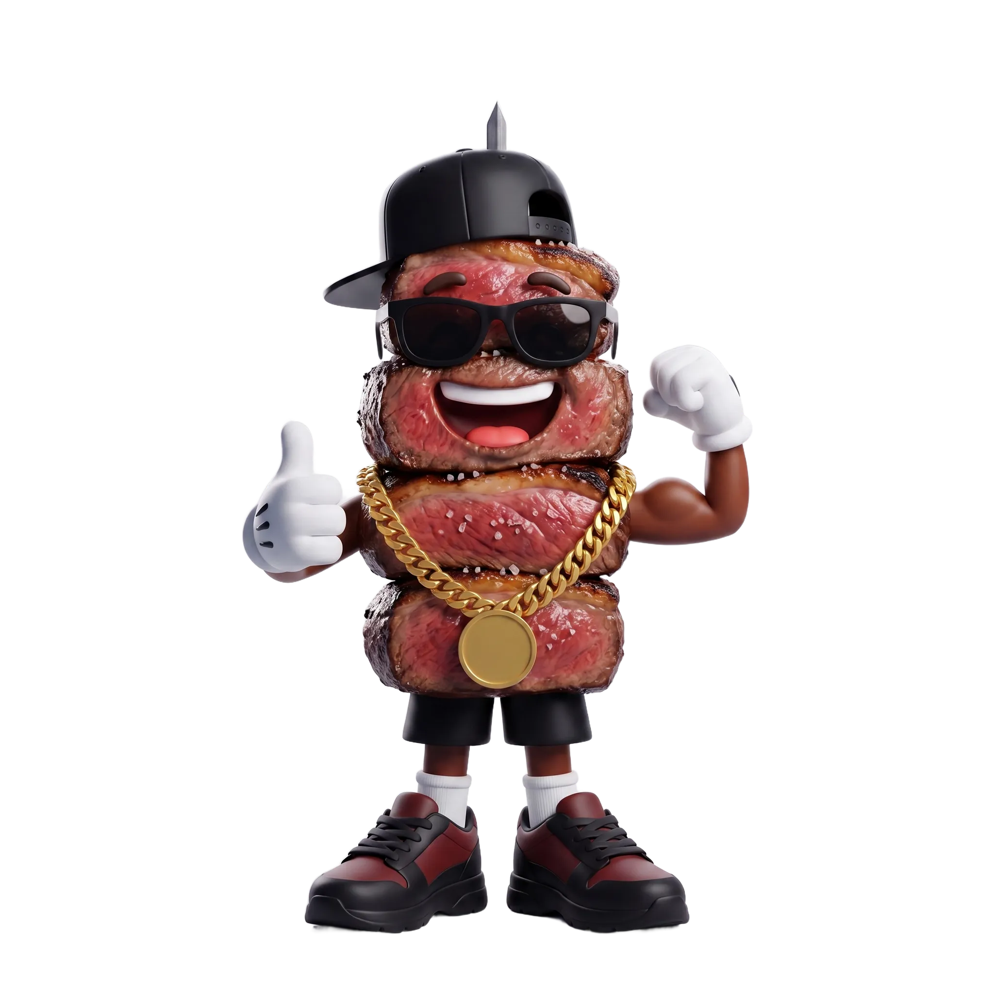 Mascote 3D de espeto de picanha com boné, óculos escuros e bíceps flexionado