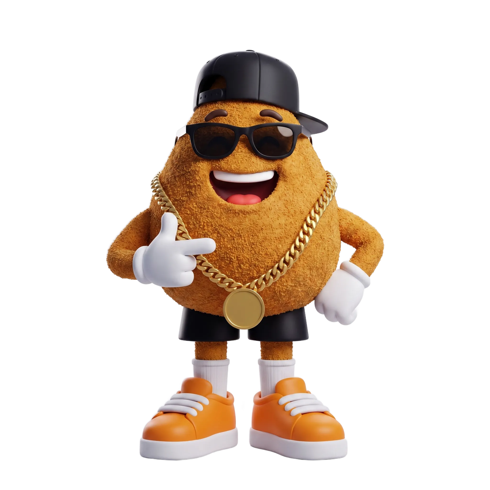 Mascote 3D de coxinha com boné, óculos escuros, corrente e tênis de corrida