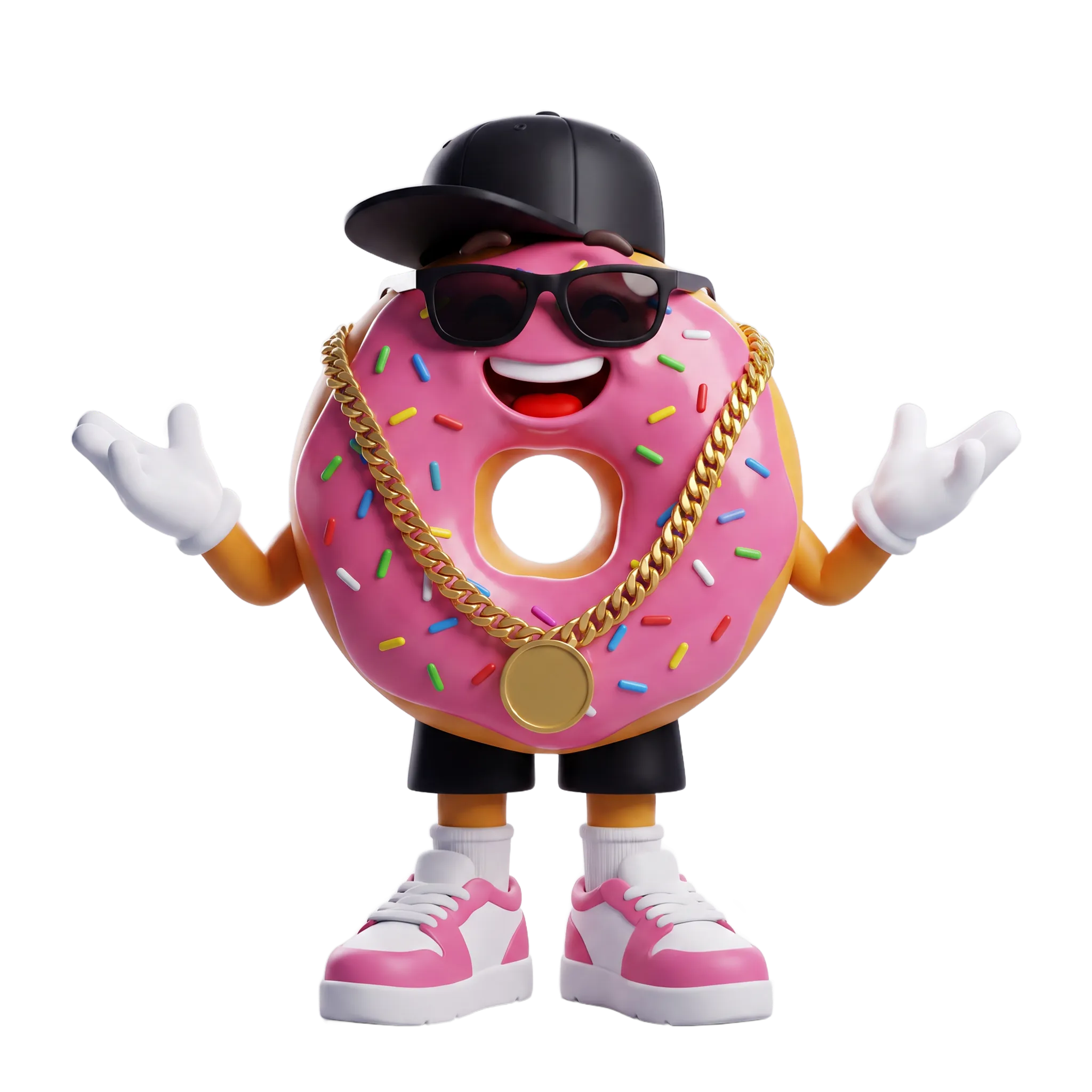 Mascote 3D de donut com cobertura rosa, boné e óculos escuros