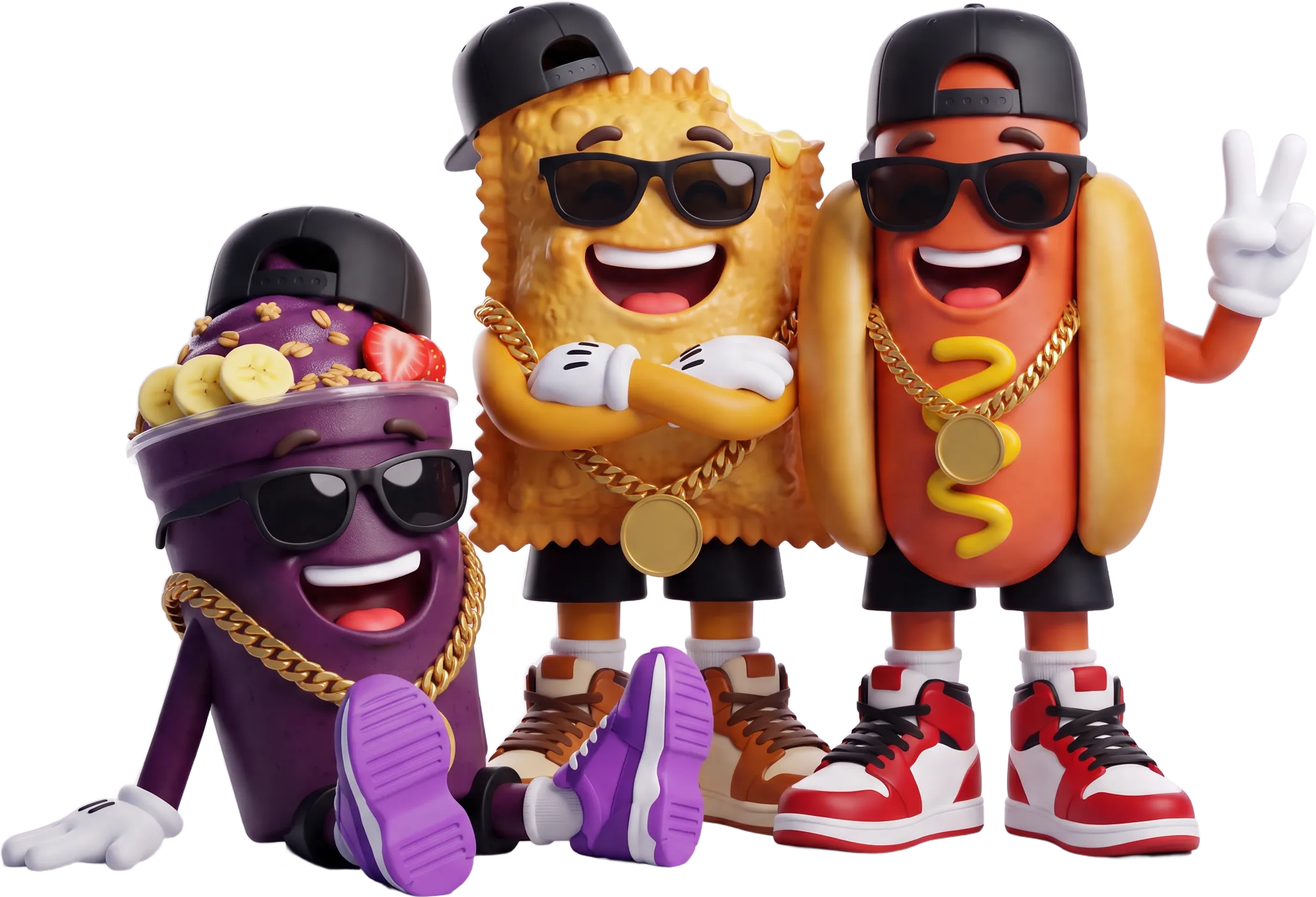 Mascotes de hot dog, pastel e açaí posando juntos: o açaí sentado no chão, o pastel de braços cruzados e o hot dog fazendo sinal de paz