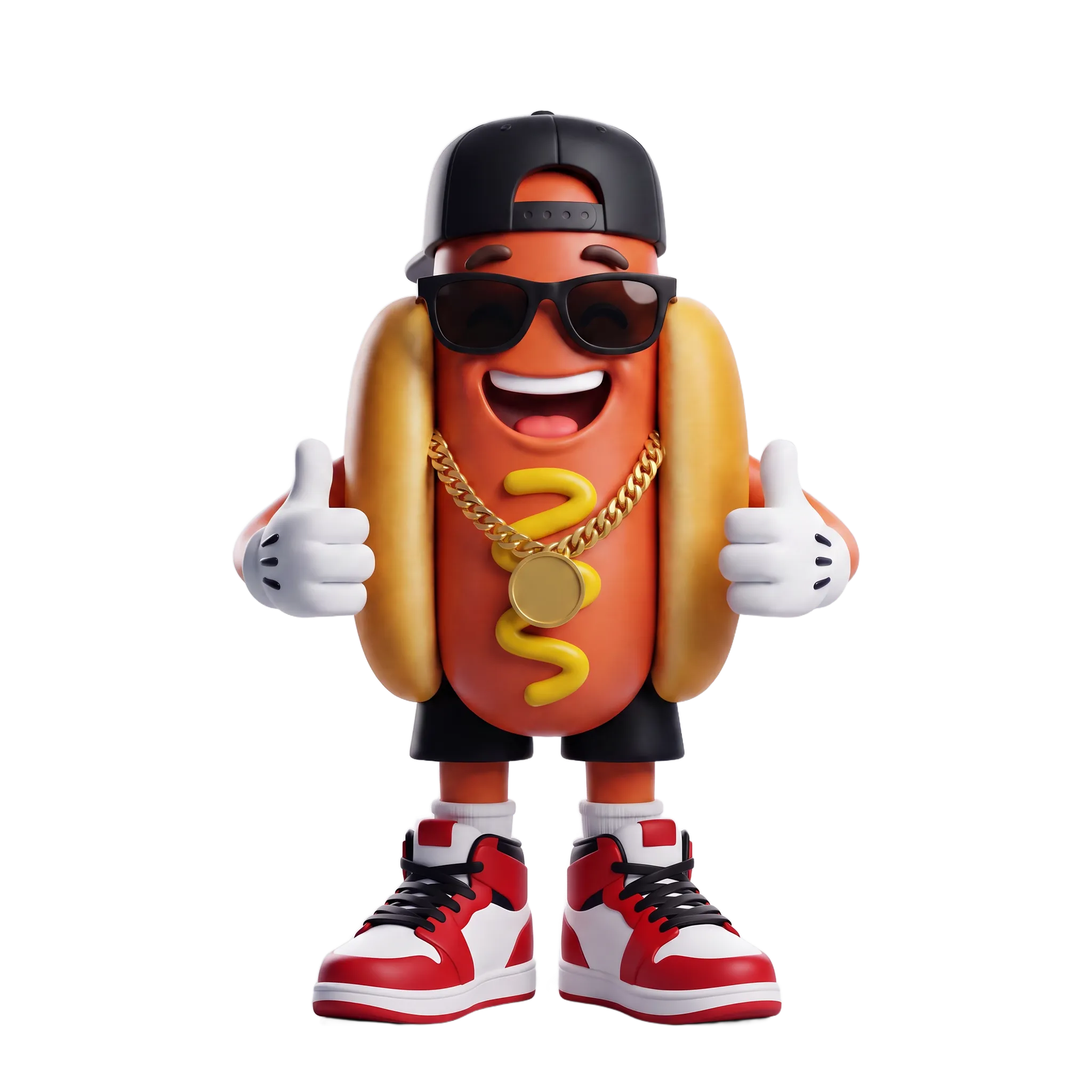 Mascote 3D de cachorro-quente com boné, óculos escuros e joinha nas duas mãos