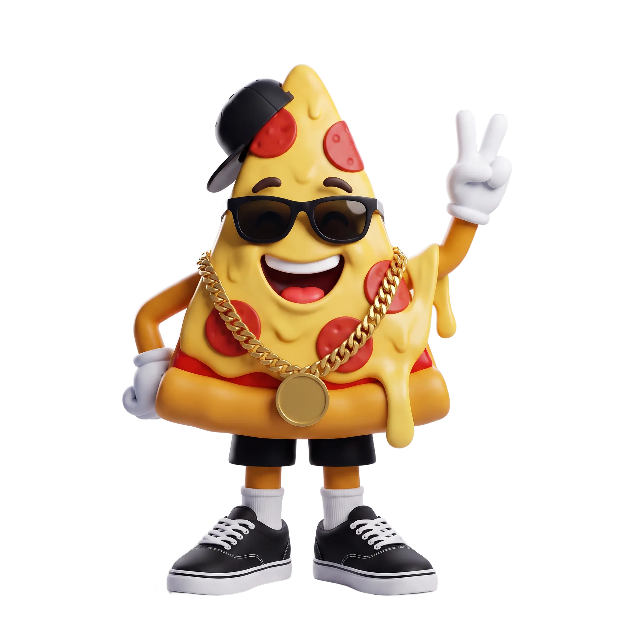 Mascote 3D de fatia de pizza com boné, óculos escuros, corrente e tênis de skate